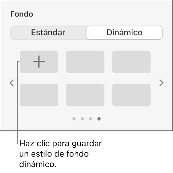 El botón Dinámico seleccionado en la sección Fondo de la barra lateral Formato con el botón Agregar estilo.