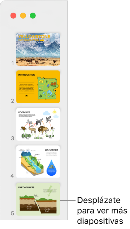 El navegador de diapositivas representando cinco diapositivas verticalmente en orden secuencial, con la opción para desplazarte para ver más diapositivas.