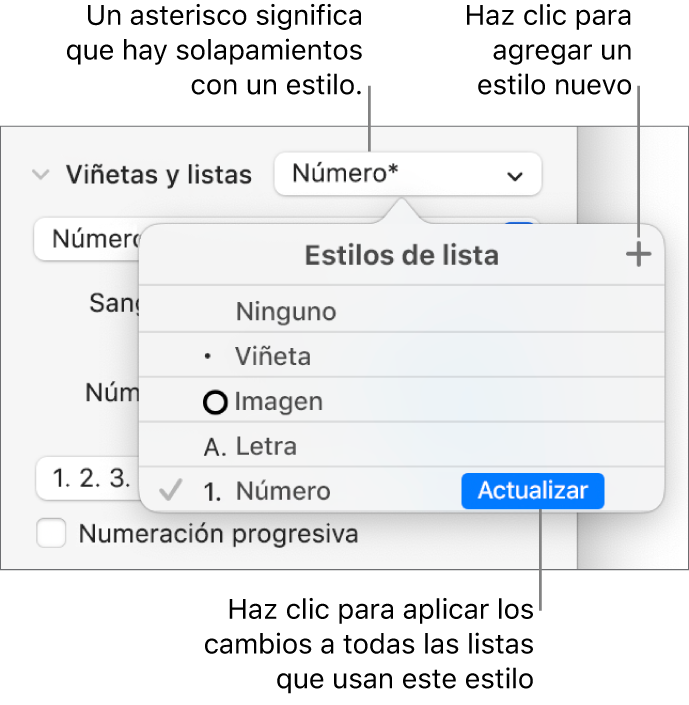 El menú desplegable Estilos de lista con un asterisco que indica una invalidación y globos al botón Nuevo estilo, así como un submenú de opciones para administrar estilos.