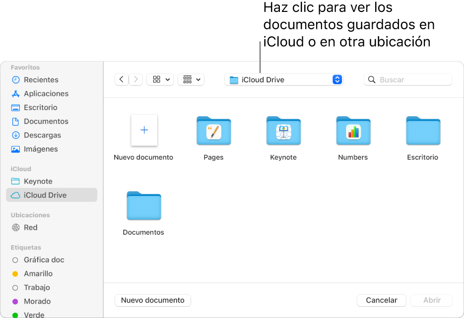 El cuadro de diálogo Abrir con la barra lateral abierta a la izquierda y con iCloud Drive seleccionado en el menú desplegable de la parte superior. Las carpetas de Keynote, Numbers y Pages aparecen en el cuadro de diálogo, junto con el botón Nuevo documento.