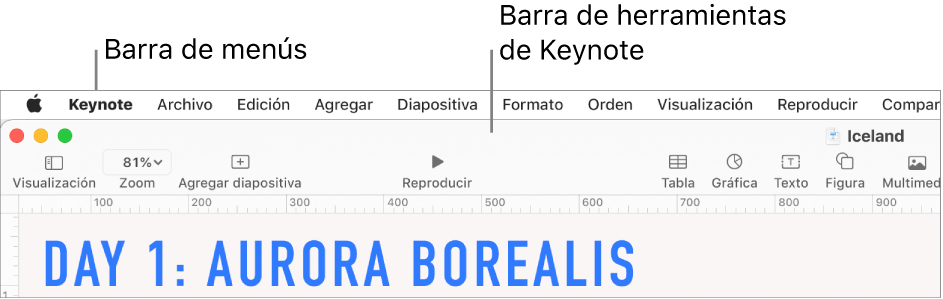 La barra de menús en la parte superior de la pantalla con los menús Apple, Keynote, Archivo, Edición, Insertar, Formato, Ordenar, Visualización, Reproducir, Compartir, Ventana y Ayuda. Debajo de la barra de menús se encuentra una presentación de Keynote abierta con botones de la barra de herramientas a lo largo de la parte superior, con las opciones Visualización, Zoom, Agregar diapositiva, Reproducir, Tabla, Gráfica, Texto, Figura y Contenido.