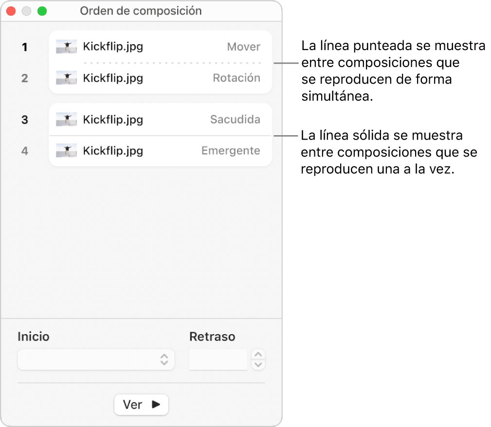 El menú Orden de composición, con una línea de puntos entre las composiciones que se reproducirán simultáneamente y una línea sólida entre las composiciones que se reproducen en orden secuencial.