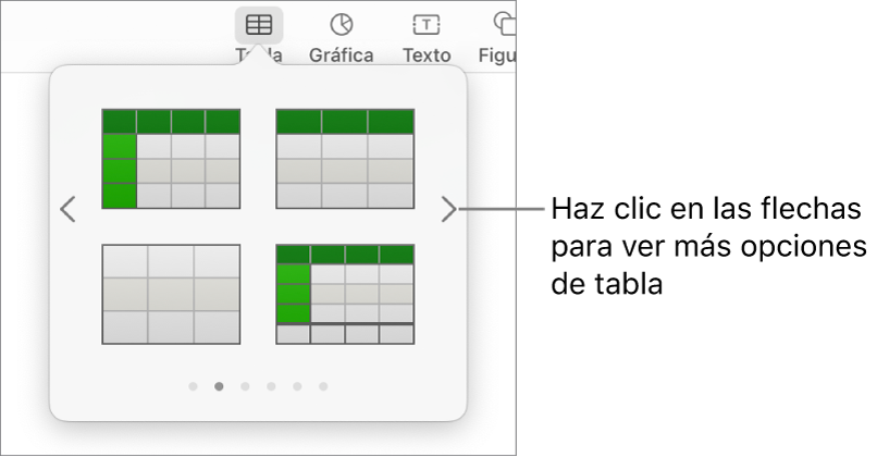 Panel Agregar tabla con flechas de navegación a la izquierda y a la derecha.