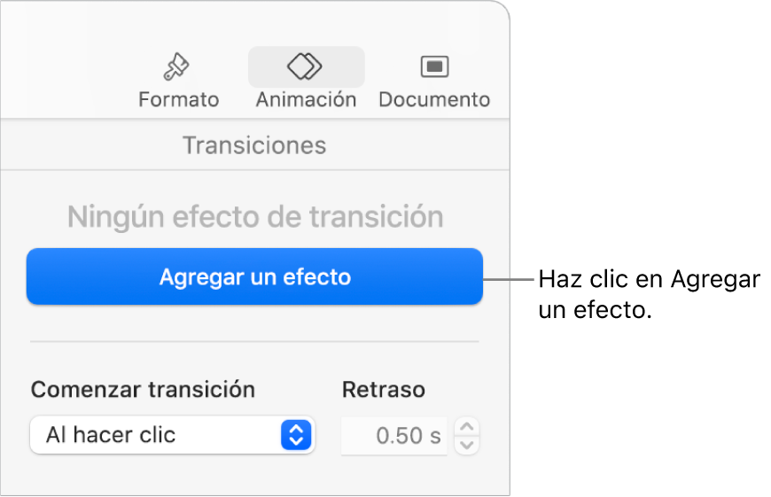 Botón Agregar un efecto en la sección Animación de la barra lateral.