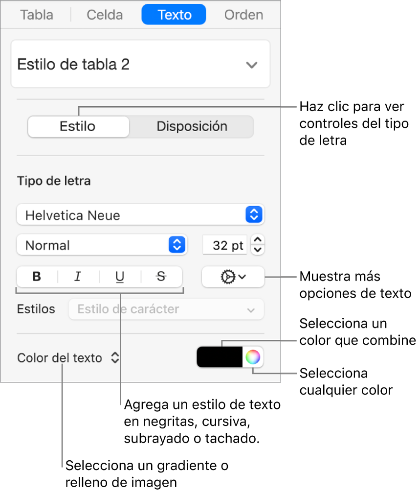 Los controles para aplicar un estilo a texto de la tabla.