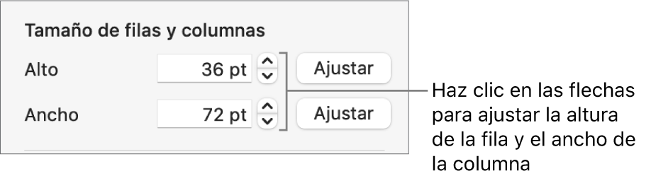 Los controles para ajustar un tamaño de fila o columna preciso.