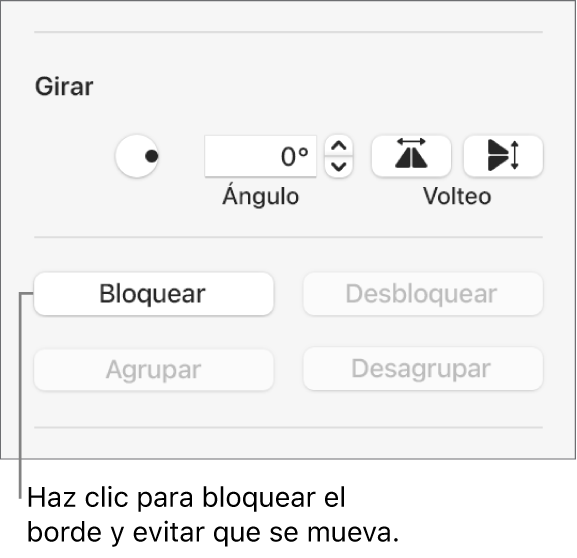 Controles de Girar, Bloquear y “Agrupar objeto” con el botón Bloquear señalado.