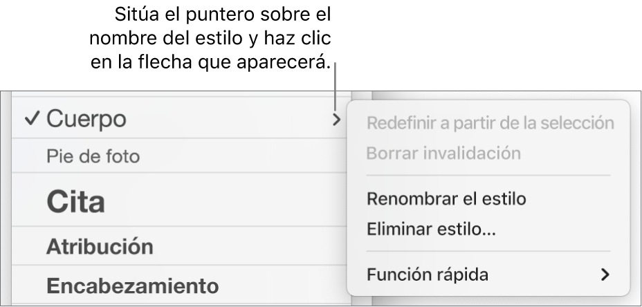 El menú “Estilos de párrafo” con el menú de función rápida abierto.