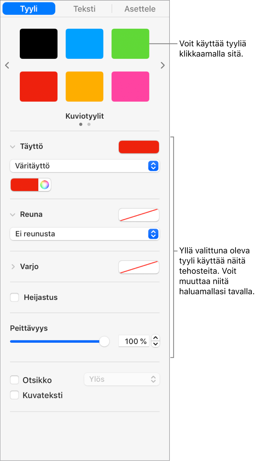 Kuviotyylit ja -valinnat sivupalkin Muoto-osiossa.