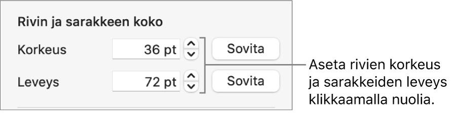 Säätimet rivi- tai sarakekoon asettamiseen täsmällisesti.