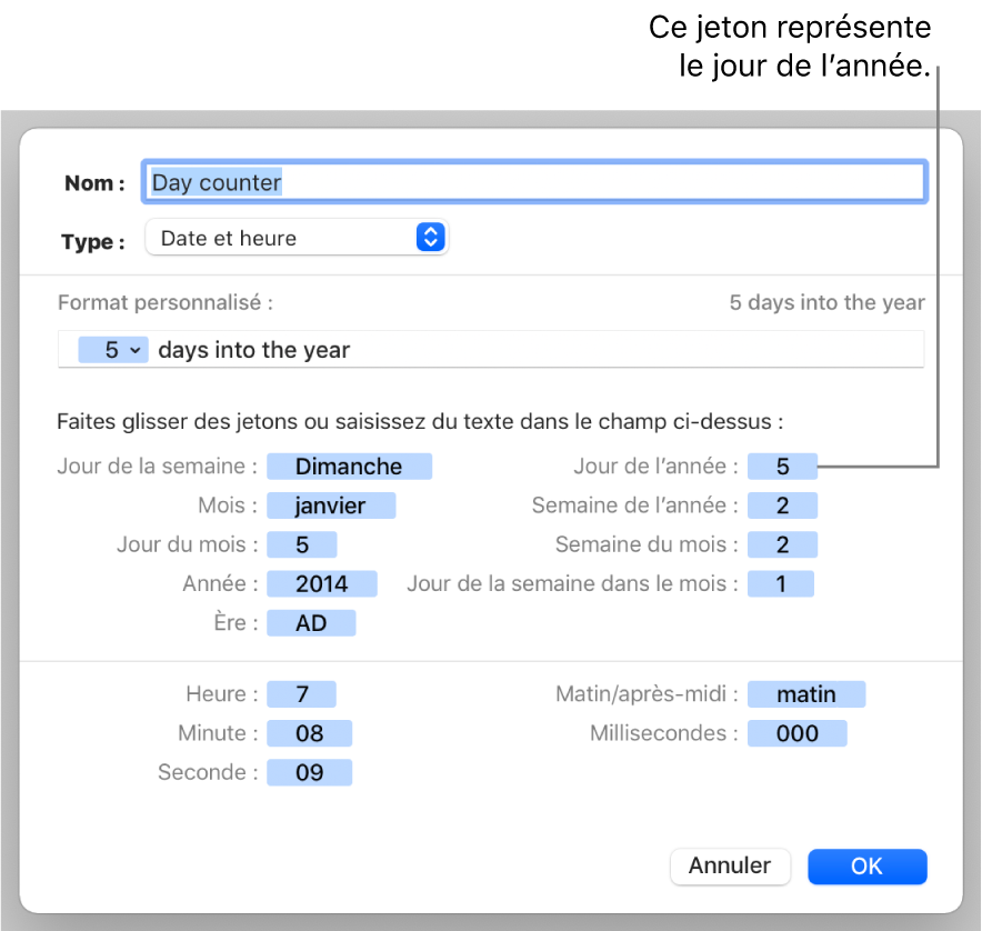 Fenêtre de format de cellule personnalisé présentant les commandes permettant de créer un format de date et d’heure personnalisé.