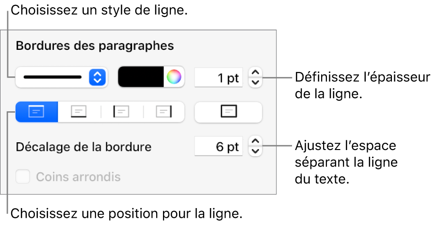 Commandes permettant de modifier le style, l’épaisseur, la position et la couleur de la ligne.