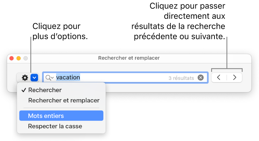 La fenêtre Rechercher et remplacer avec le menu local présentant les options Rechercher, Rechercher et remplacer, Mots entiers et Respecter la casse. Les flèches à droite permettent d’accéder directement aux résultats de recherche suivants ou précédents.