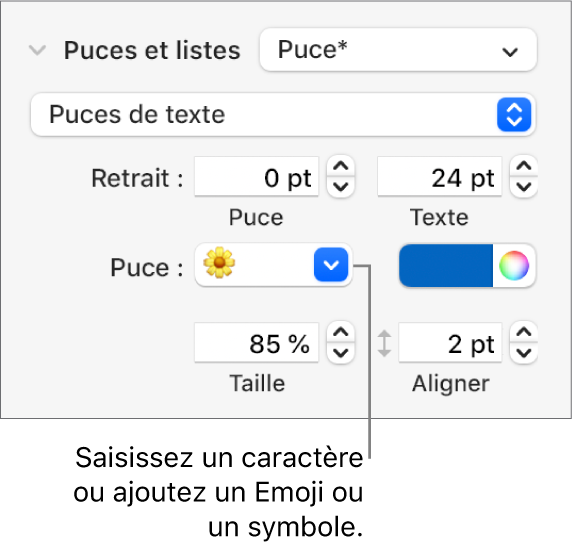 La section « Puces et listes » de la barre latérale Format. Le champ Puce affiche un Emoji en forme de fleur.