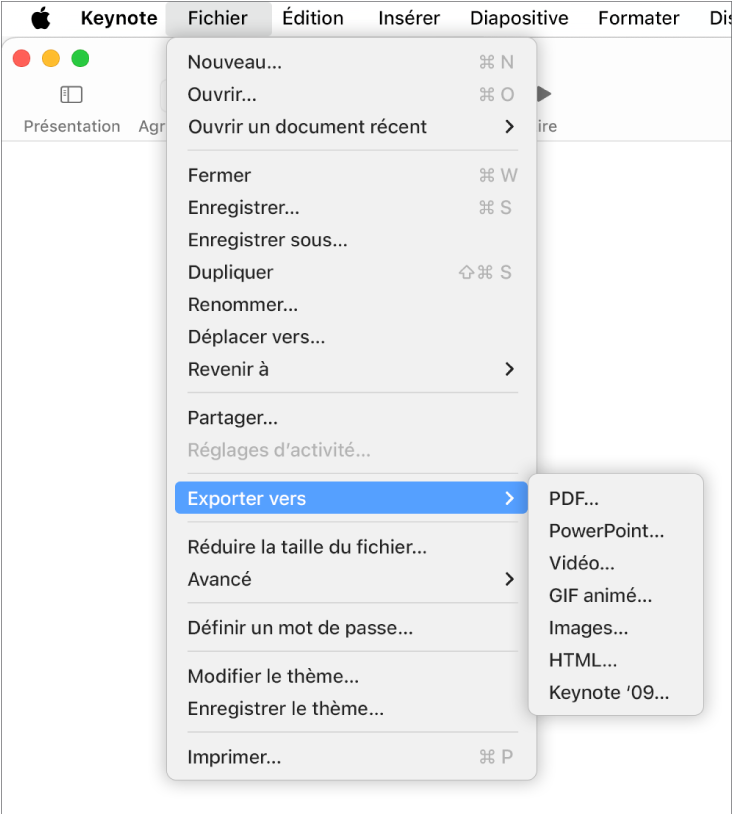 Menu Fichier ouvert avec option Exportation vers sélectionnée, le sous-menu correspondant affichant les options d’exportation aux formats PDF, PowerPoint, Vidéo, HTML, Images et Keynote ’09.