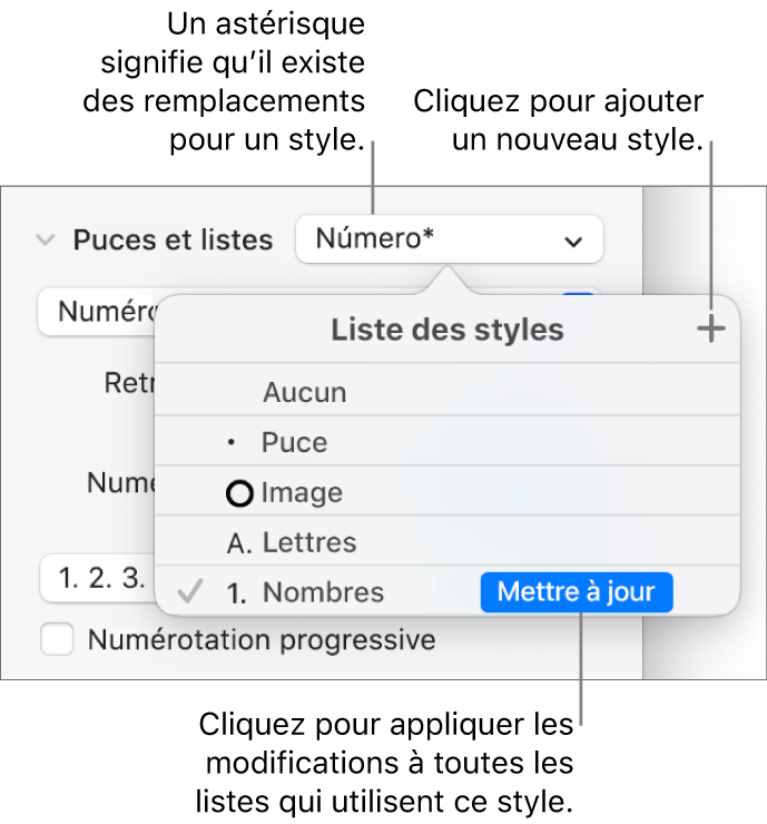 Le menu local « Liste des styles » avec un astérisque indiquant une substitution et des légendes pour le bouton « Nouveau style », et un sous-menu d’options de gestion des styles.