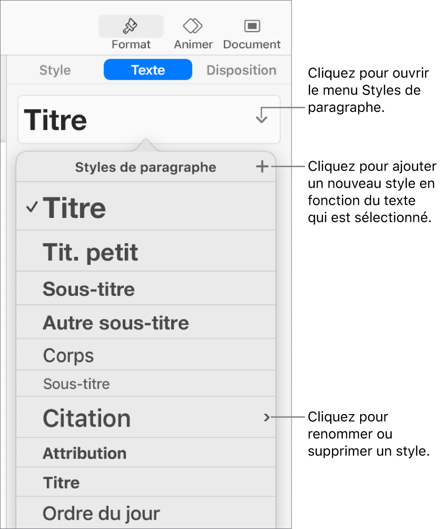 Le menu « Styles de paragraphe », affichant des commandes pour ajouter ou modifier un style.