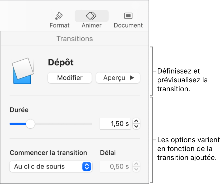Commandes de transition de la section Transitions de la barre latérale.