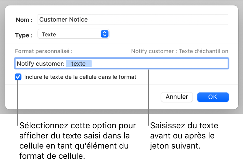 Format de cellule texte personnalisé.