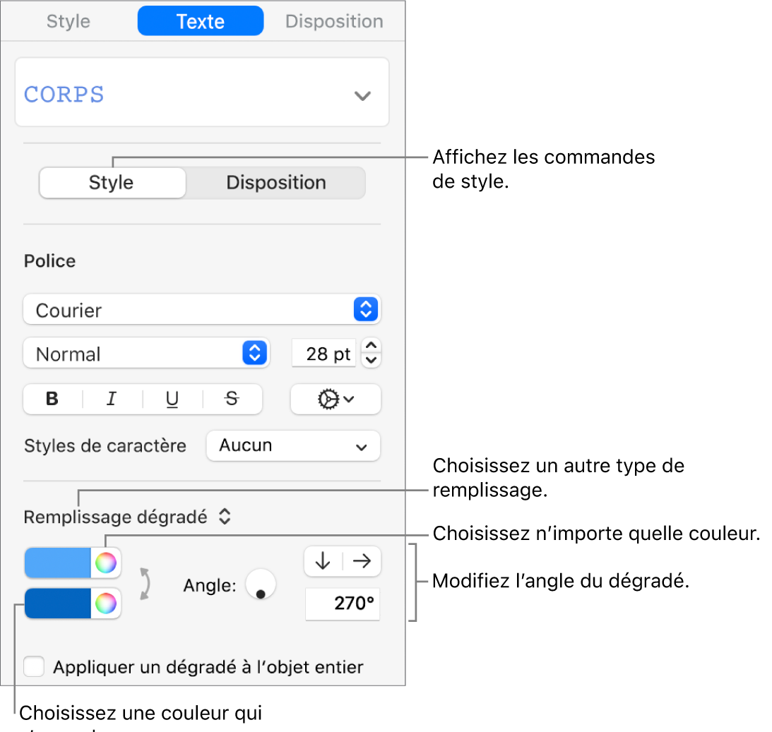 Commandes permettant de choisir des couleurs prédéfinies ou une tout autre couleur.