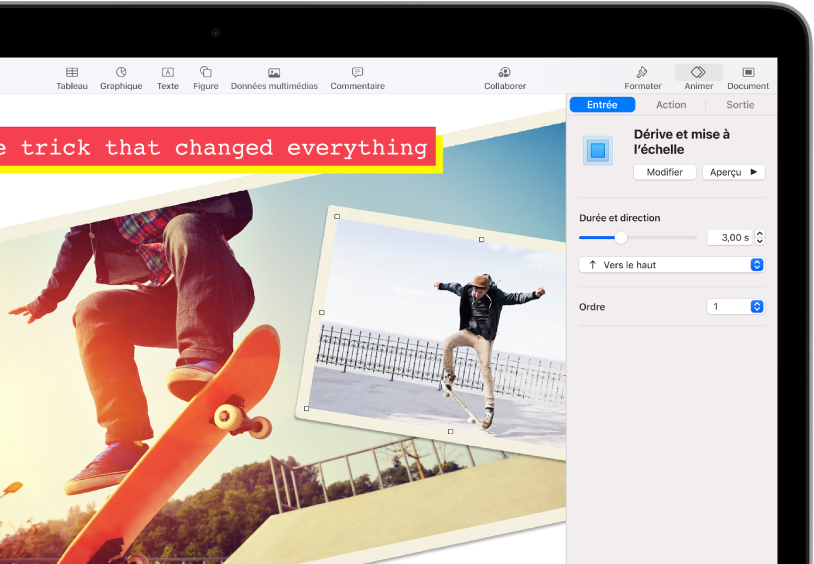 Les commandes Animation pour ajouter une animation à l’image sélectionnée. Les boutons Entrée, Action et Sortie se trouvent en haut de la barre latérale. L’option Entrée est sélectionnée et présente des commandes pour l’effet Dérive et mise à l’échelle.