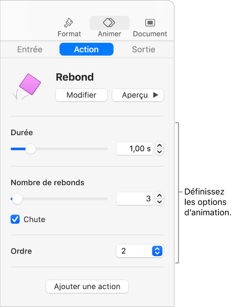 Commandes d’action de la section Animer de la barre latérale.