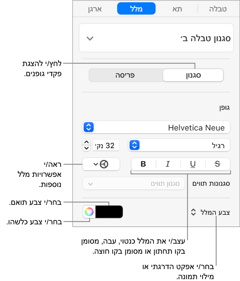 כלי הבקרה להחלת סגנון על מלל בטבלאות.