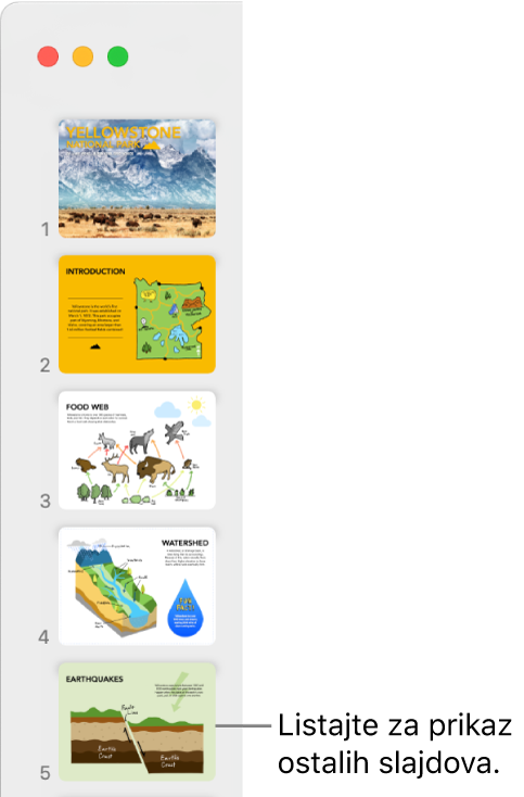 Navigator slajdova s prikazom pet slajdova okomito koji slijede jedan iza drugog, s opcijom za listanje prema dolje radi prikaza više slajdova.
