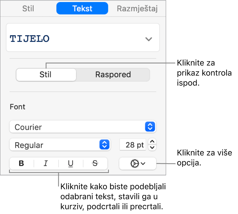 Kontrole Stila u rubnom stupcu s balončićima za tipke Podebljano, Kurziv, Podcrtano i Precrtano.