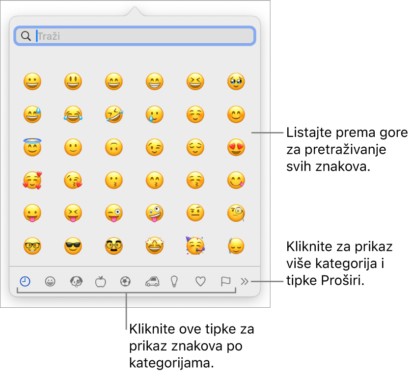 Skočni prozor Posebni znakovi prikazuje emotikone, tipke za različite vrste simbola na dnu, i oblačić za tipku za prikaz cijelog prozora Znakovi.