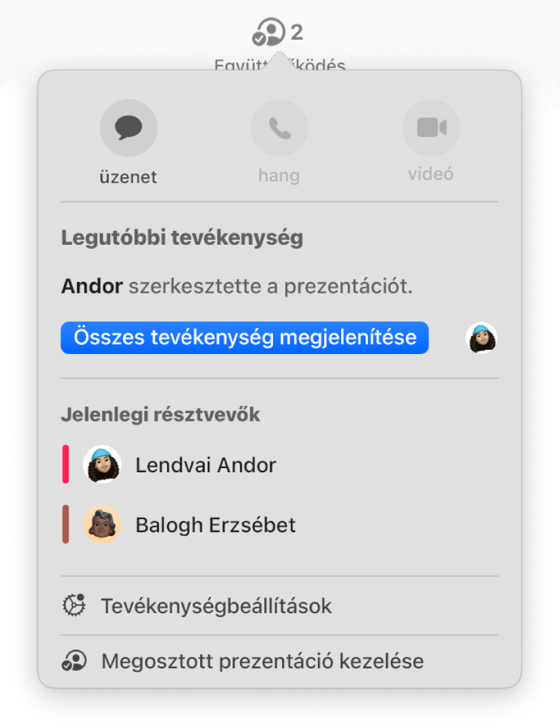 Az együttműködés menü, amelyben a prezentáción együttműködő személyek nevei láthatók.