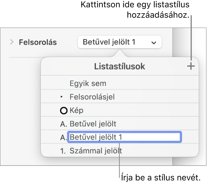 A Listastílusok előugró menü a felső sarokban található Hozzáadás gombbal és egy helyőrző stílusnévvel, amelynek szövege ki van jelölve.