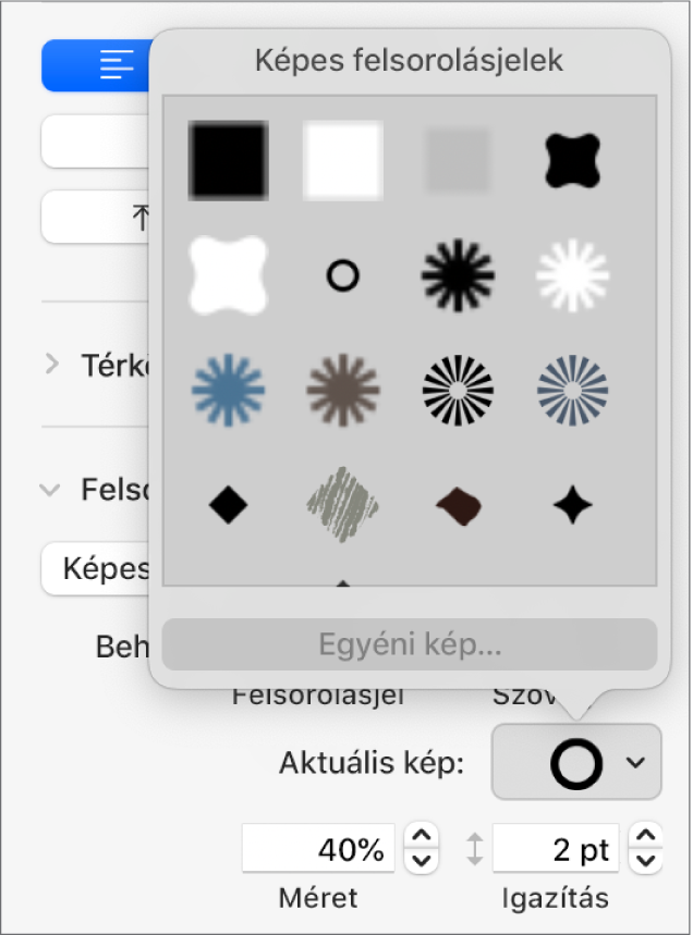 A Képes felsorolási jelek előugró menü.
