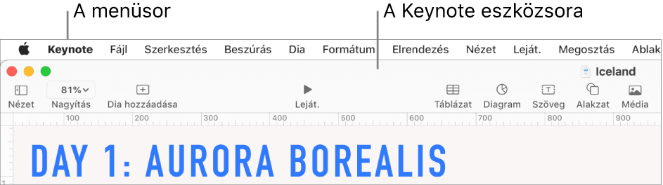 A menüsor a képernyő tetején az Apple, Keynote, Fájl, Szerkesztés, Beszúrás, Formátum, Elrendezés, Nézet, Lejátszás, Megosztás és Súgó menükkel. A menüsor alatt egy megnyitott Keynote-prezentáció látható az eszközsor következő gombjaival: Nézet, Nagyítás, Dia hozzáadása, Táblázat, Diagram, Szöveg, Alakzat és Média