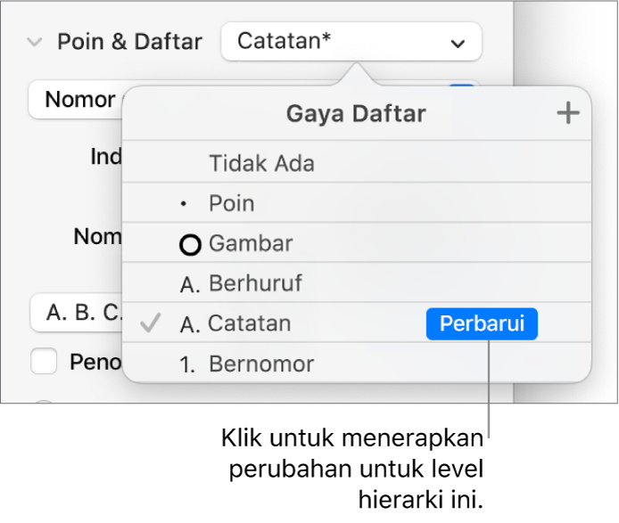 Menu pop-up Gaya Daftar dengan tombol Perbarui di samping nama gaya baru.