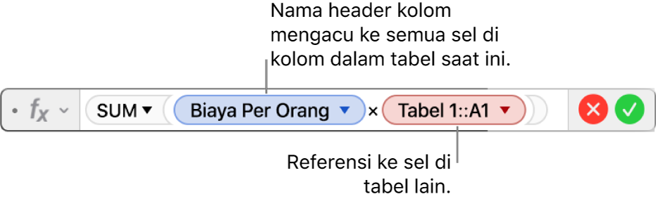 Editor Formula dengan segitiga yang Anda klik untuk membuka pilihan untuk mempertahankan referensi baris dan kolom.