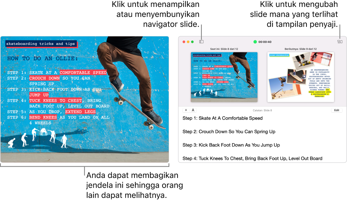 Presentasi Keynote ditampilkan dalam jendela, dengan tampilan penyaji dalam jendela kedua yang berisi navigator slide, catatan penyaji, dan pratinjau slide.