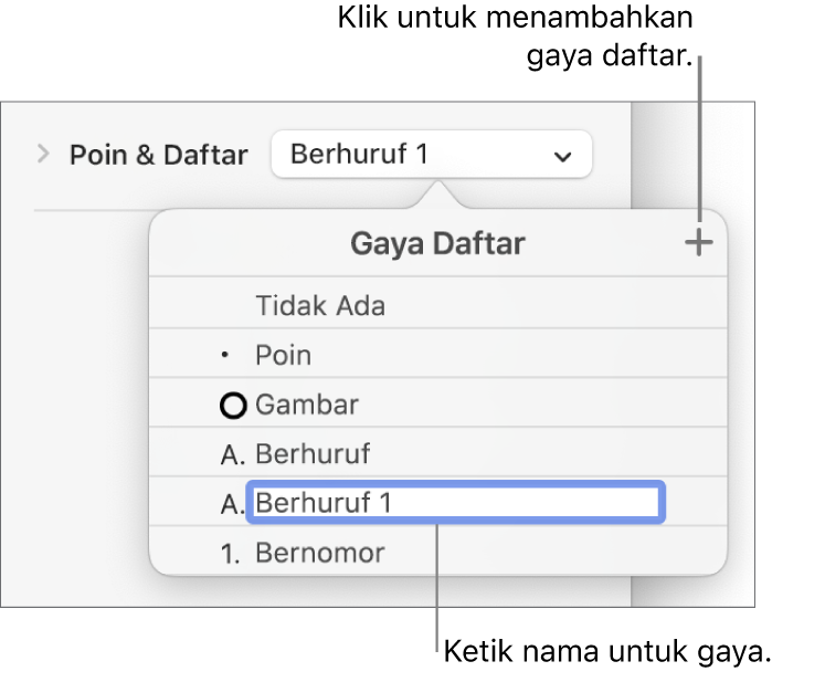 Menu pop-up Gaya Daftar dengan tombol Tambah di pojok kanan atas dan nama gaya placeholder dengan teksnya dipilih.