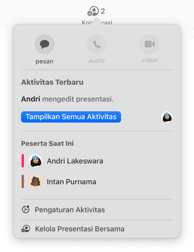 Menu kolaborasi menampilkan nama orang yang berkolaborasi di presentasi.