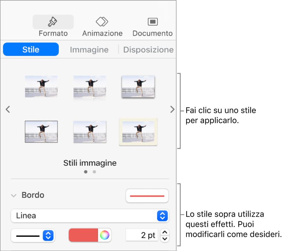 Pannello Stile della barra laterale Formattazione che mostra le opzioni relative allo stile dell’oggetto.