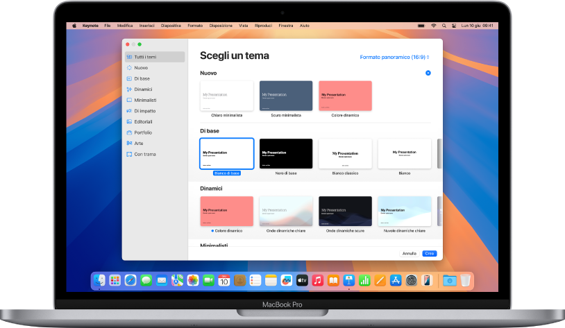 Un MacBook Pro con “Scelta modelli” di Keynote aperto sullo schermo. La categoria “Tutti i temi” è selezionata sulla sinistra e i temi predefiniti vengono visualizzati sulla destra, in righe divise per categoria. Il menu a comparsa per lingua e zona si trova nell’angolo inferiore sinistro e i menu a comparsa Standard ed Esteso si trovano nell’angolo superiore destro.