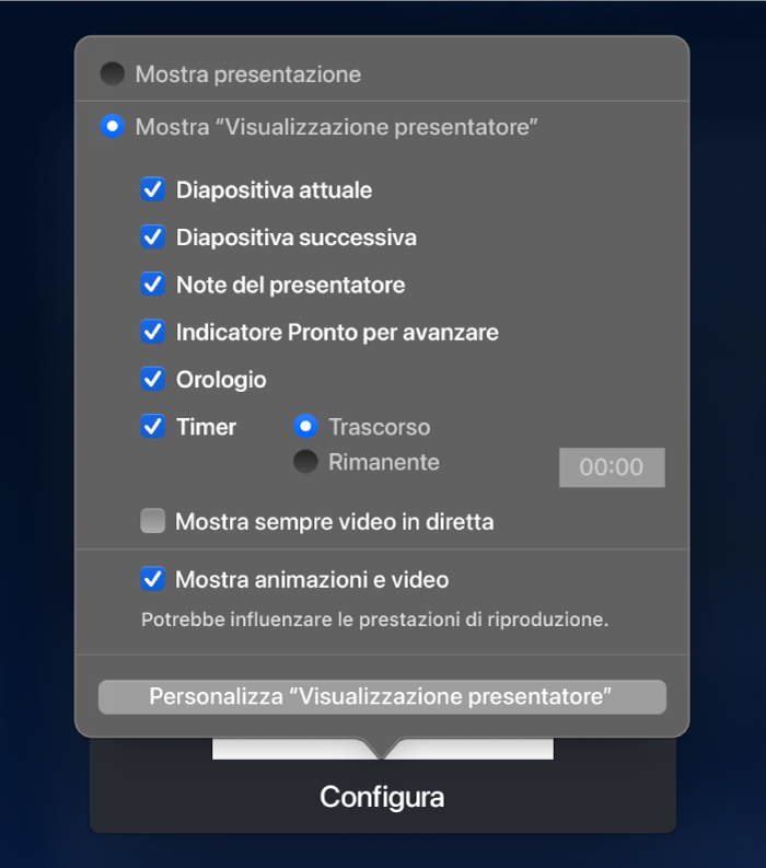 Opzioni per scegliere cosa mostrare su ciascuno schermo. Puoi mostrare la presentazione o la visualizzazione presentatore, che offre opzioni come “Diapositiva attuale”, “Diapositiva successiva”, “Note del presentatore”, “Indicatore Pronto per avanzare”, Orologio e Timer. Il timer include opzioni aggiuntive per mostrare il tempo trascorso o il tempo rimanente.