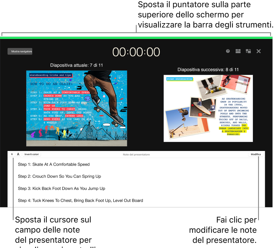 La visualizzazione presentatore di Keynote con i pulsanti per aprire e chiudere il navigatore diapositive e opzioni di visualizzazione lungo la parte superiore dello schermo. La diapositiva attuale e quella successiva sono al centro dello schermo, con il campo delle note del presentatore in basso.