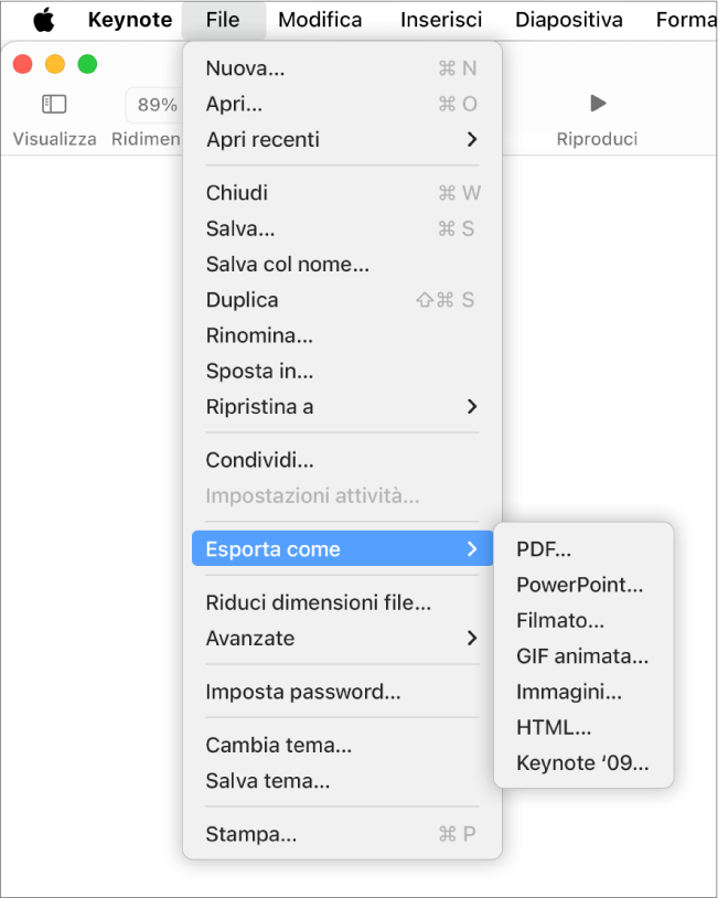 Menu File aperto con l’opzione “Esporta come” selezionata e il sottomenu che include le opzioni di esportazione per PDF, PowerPoint, Filmati, HTML, Immagini e Keynote ’09.