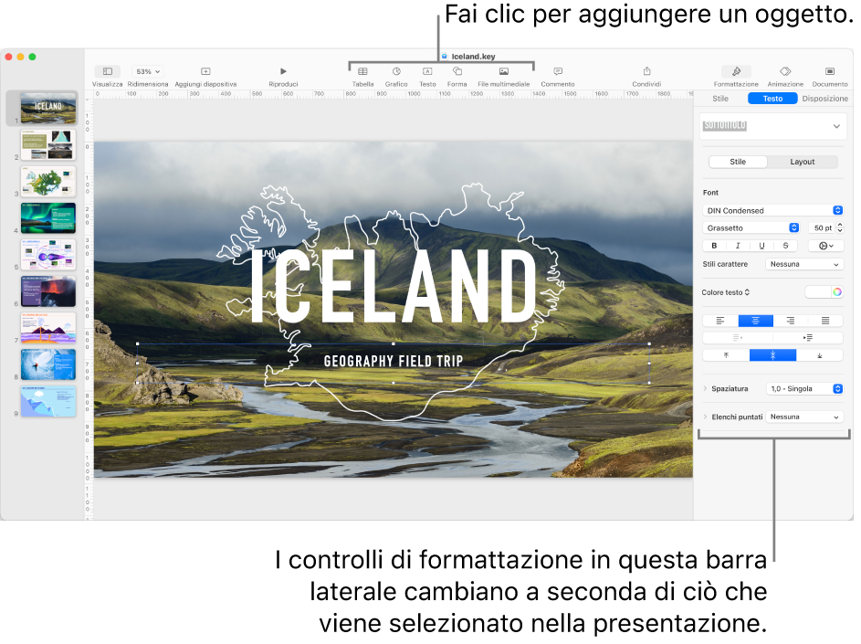 I pulsanti di Keynote nella barra strumenti per l’aggiunta di oggetti e l’apertura della barra laterale.