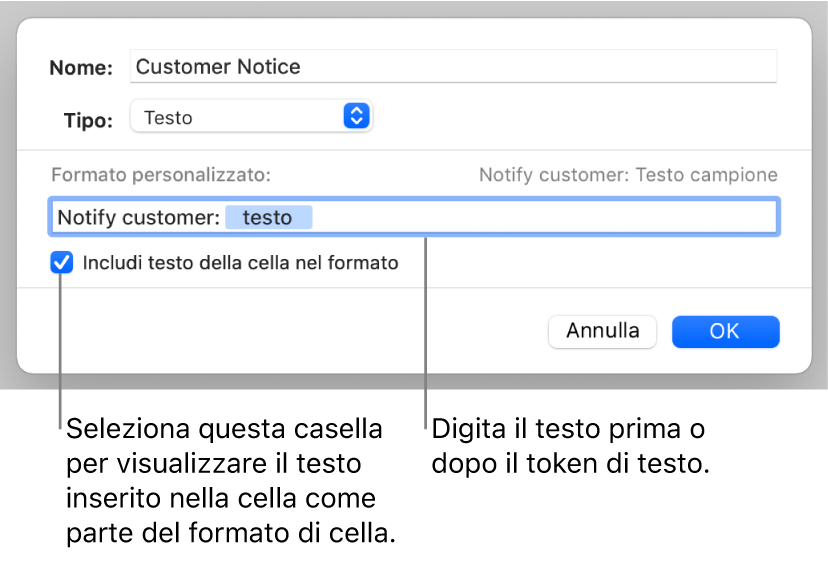 Formato di celle di testo personalizzato.