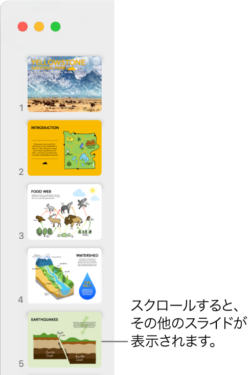 5つのスライドが縦に順番に表示されているスライドナビゲータ。下にスクロールしてさらにスライドを表示できます。