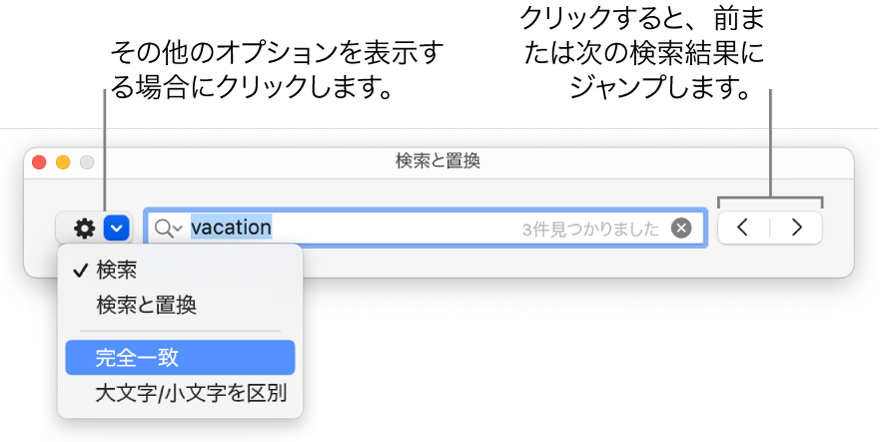 「検索と置換」ウインドウ。「検索」、「検索と置換」、「完全一致」、「大文字小文字を区別」のオプションを表示するポップアップメニューが表示された状態。右にある矢印で前または次の検索結果にジャンプできます。