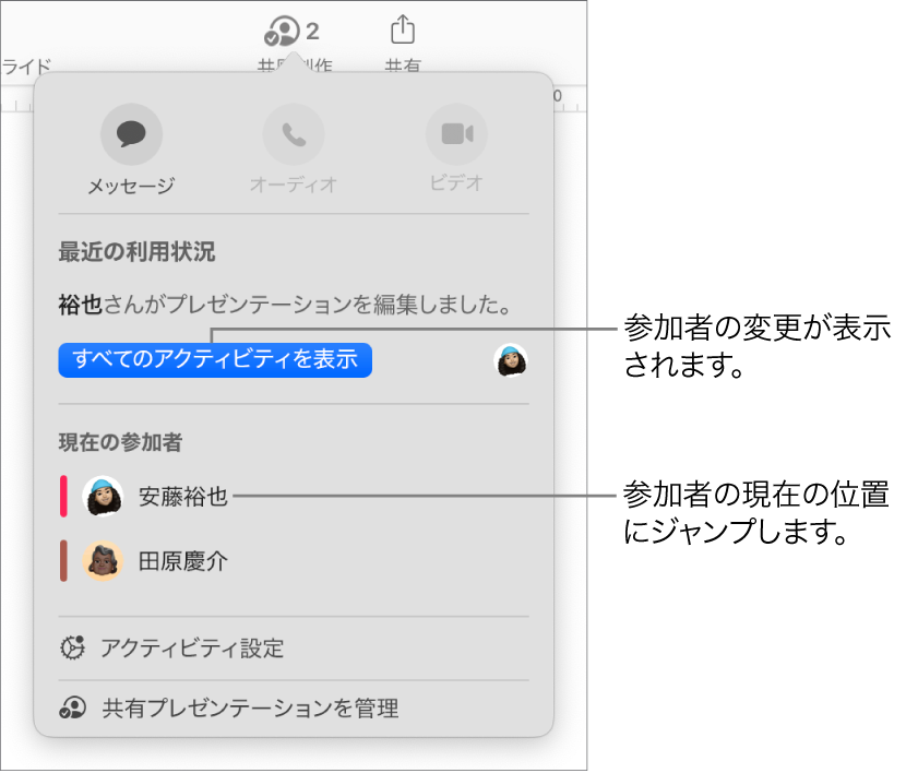 「共同作業」メニュー。現在の参加者が2人表示されています。