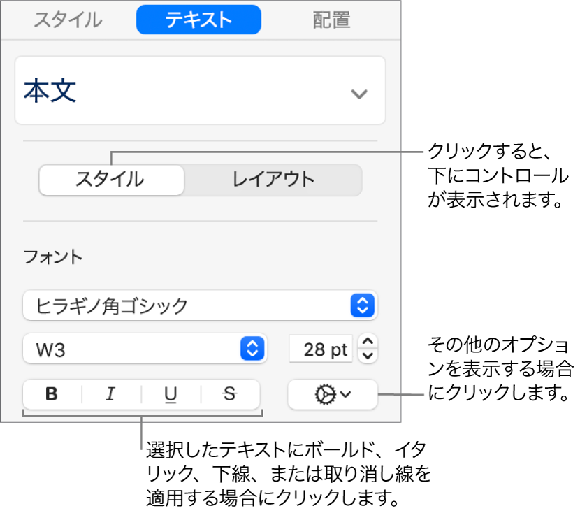 サイドバーの「スタイル」コントロール。「ボールド」、「イタリック」、「アンダーライン」、および「取り消し線」ボタンのコールアウトが表示された状態。